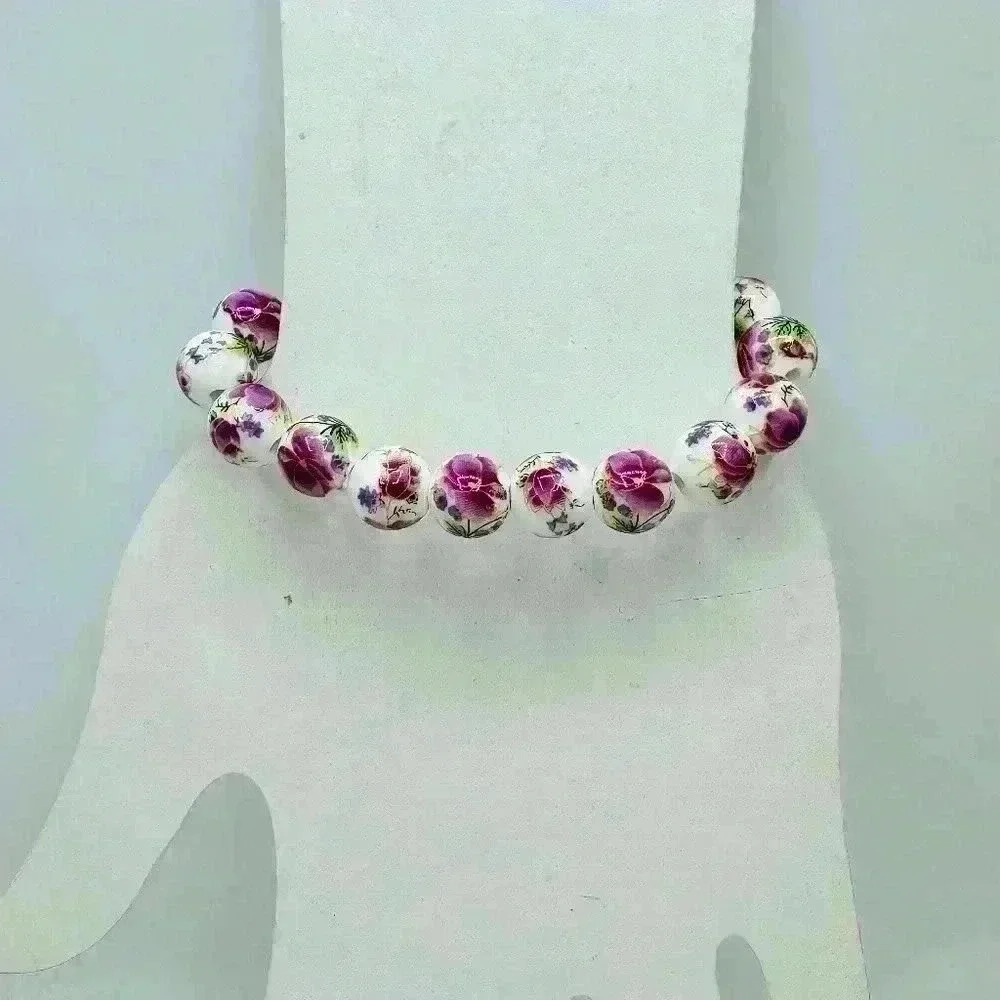 Chinese-Style Ceramic Purple Floral Beads Stretch Bracelet - Picture 1 of 6
